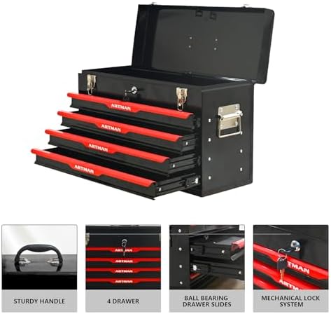 4 Drawer 21" Heavy Duty Metal Tool Box Portable Tool Chest with Metal Latch Closure & Security Key Lock, Top Storage Tray Toolbox with EVA Liners for Workbench, Garage & Warehouse (Black&Red)