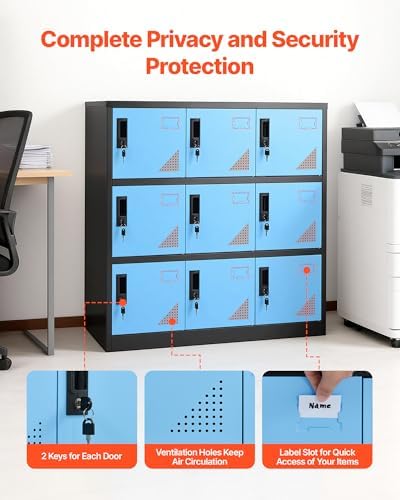 VEVOR 9 Doors Metal Locker for Employees, Steel Locking Storage Cabinet with Card Slot and Ventilation, 2 Keys for Each Door, Employee Lockers for Office, School, Gym, Home, Easy Assembly, Blue&Black