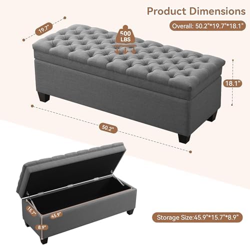 WUTUTUEE 50" Fabric Storage Ottoman Bench, Upholstered Rectangle End of Bed Storage Ottoman Tufted Living Room Bedroom Bench with Safety Hinge, Solid Wood Legs, Loads 500 lb(Dark Grey)
