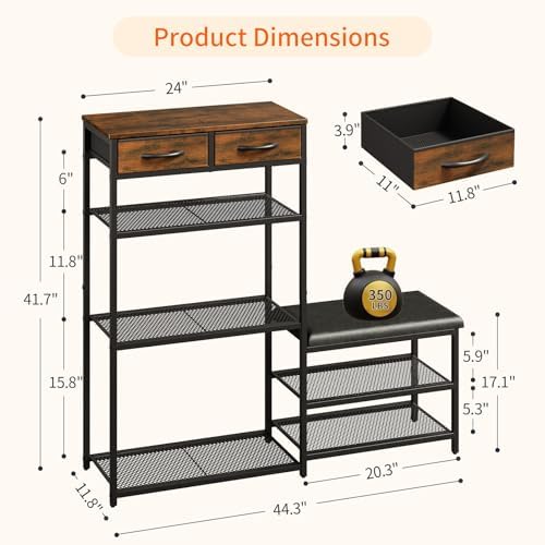 Shoe Rack Bench Shoe Rack for Entryway, Cushioned Entryway Shoe Storage with 2 Drawers & 5-Tier Organizer, Metal Frame Wood Top Narrow Space-Saving Hallway Organizer for Closet & Front Door