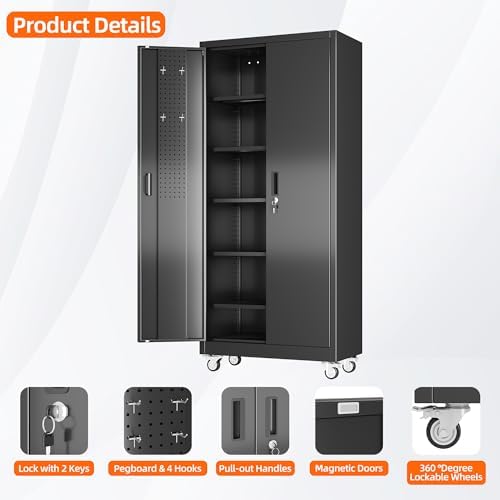 71" Metal Storage Cabinet with Wheels, 5 Adjustable Shelves, Black