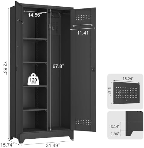 72.8" H Metal Broom Closet Storage Cabinet, Garage Storage Cabinet with Pegboard & Hanging Rod Hooks, Tall Storage Cabinet for Garage, Laundry Room, Black