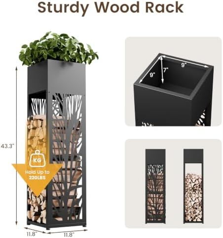 12" Firewood Rack Outdoor with Planter & Reinforced Bottom, Black