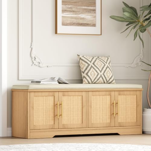 Rattan Shoe Storage Bench, 47.2" Wide Entryway Bench, Natural Oak