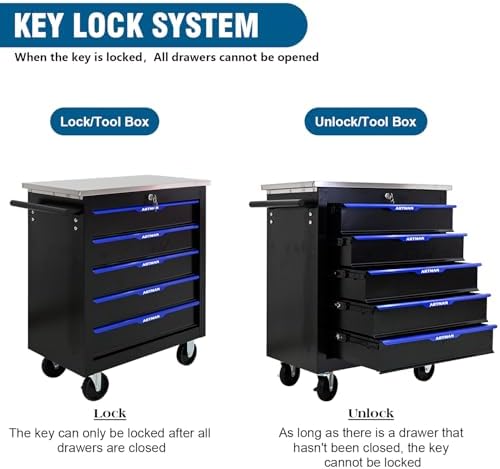5-Drawer Rolling Tool Chest with Stainless Steel Countertop,Tool Chest with Secure Locking System,Mobile Storage Tool Cabinet with 360°Wheels and Padded Feet,for Home,Garage (Black+Blue)