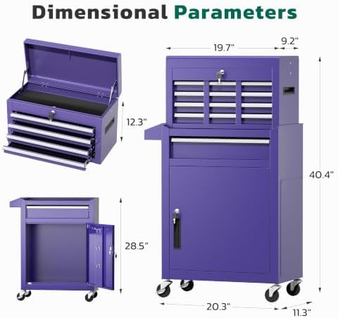 Greenvelly 5-Drawer Tool Chest with Wheels, Pre-Assembled Rolling Tool Chest, Detachable Top Tool Box, Lockable Design, Comes with Drawer Liners & Side Hooks for Garage Workshop Repair Room (Purple)