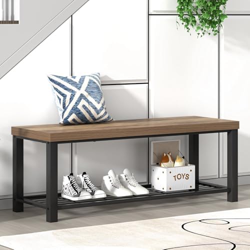 FOLUBAN Entryway Bench, Industrial Wood and Metal Storage Bench with Metal Shelf, Indoor Shoe Rack Bench Seat for Living Room, Bedroom, Hallway, Entrance, Rustic Oak, 47 Inch