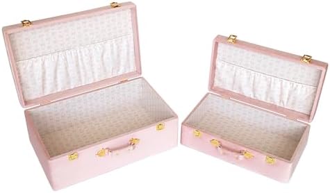 HofferRuffer Velvet Storage Trunks with Wood Frame, Set of 2 Storage Chests with Handles, Bedroom Organizer Nesting Upholstered Decorative Boxes Hinged Lid with Gold Hardware Accents (Pink Trunks)