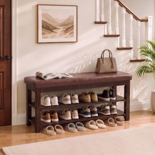 40" Wooden Shoe Rack with Seating, Entryway Bench with Shoe Storage, Brown