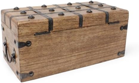 Nautical Cove Treasure Chest Wooden Box with Antique Iron Lock and Skeleton Key (Medium 12.5x6x5.5) - Storage and Decor – Pirate Chest, Decorative Storage Chest with Hinged Lid, Wood Treasure Box