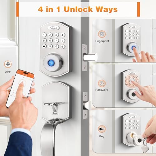Probrico Smart Keyless Entry Door Lock Deadbolt,Front Door Handleset with Fingerprint Deadbolt, Electronic Digital Keypad Deadbolt Lock with Handle,App,Auto-Locking,Satin Nickel