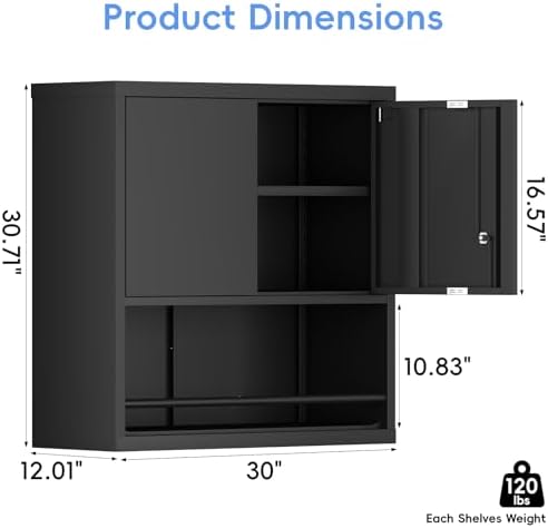 Metal Garage Cabinets, Lockable Storage Cabinet, Metal Cabinet with Open Storage, Upper Tool Cabinet for Basement, Wall Mounted Cabinets for Shop