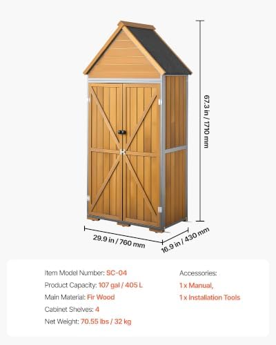 VEVOR Outdoor Storage Shed, 30" x 66.93" Wood & Metal Garden Tool Shed with Lockable Doors & Sloped Roof, Waterproof Outside Storage Cabinet with Shelves & Floor for Backyard Patio Lawn, Brown