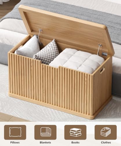 Akxomel 29.5" Fluted Storage Chest Wooden Storage Trunk 2 Safety Hinges Oak