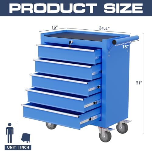 5-Drawer Tool Chest,Rolling Tool Cart with Wheels,High Capacity Tool Cabinet with Locking System for Garage, Warehouse, Workshop-Blue
