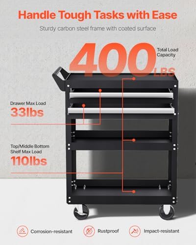 VEVOR 5-Tier Tool Cart with Wheels, 400 lbs Load Capacity, Rolling Work Cart with 2 Drawers & Pegboard, Mechanic Tool Storage Organizer with Locking System for Garage, Warehouse and Repair Shop, Black