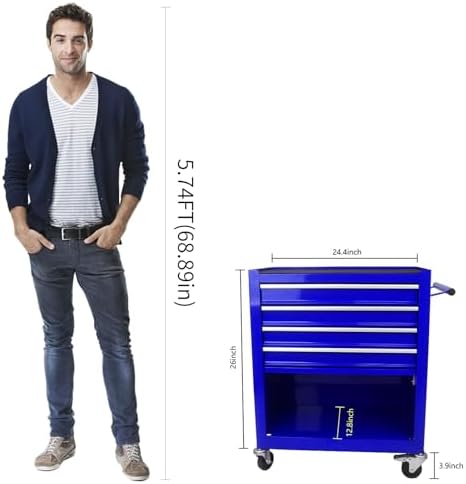 4-Drawer Heavy-Duty Rolling Tool Chest with Wheels, Steel Storage Organizer Cart with Handle, Metal Tool Cabinet for Garage, Workshop, and Repair Shop