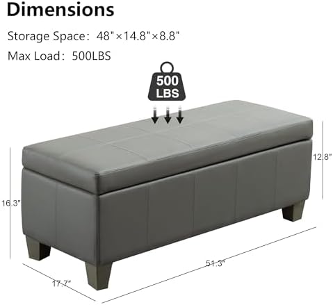 51 Inch Storage Ottoman, Storage Bench with Safety Hinge, Upholstered Synthetic Leather Ottoman Bench for Bedroom, Living Room, Entryway, Hallway, Foot Rest, Support 500lbs