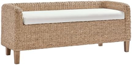 HULALA HOME 57" Rattan Storage Bench, Boho Wicker Bedroom Bench, Natural