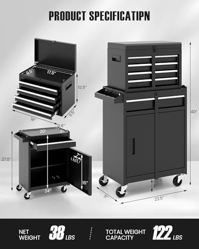 DREAMADE 5-Drawer Tool Chest Combo, Rolling Tool Cabinet w/Detachable Top Tool Box, Adjustable Shelves, Lockable Wheels, Metal Tool Box for Garage, Workshop, Repair Shop Storage (Black)