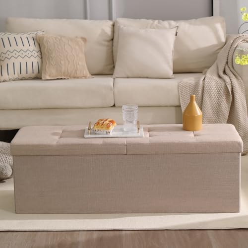 Storage Ottoman Bench Foldable Footrest Foot Stool, 45" Fabric Beige