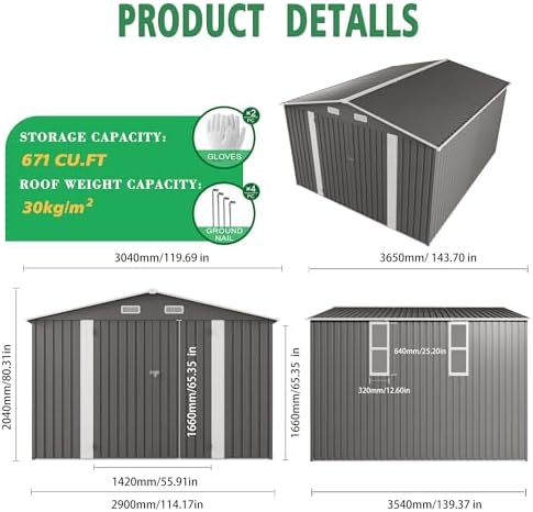 10x12 FT Outdoor Storage Shed, Large Metal Garden Shed with 2 Windows, Outside Tool Sheds with Lockable Hinged Doors, Waterproof Storage Building with 4 Air Vents for Backyard, Patio, Lawn, Gray