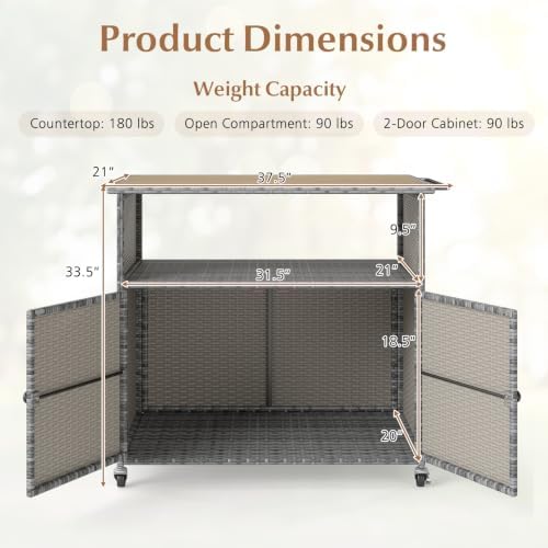 HAPPYGRILL Outdoor Storage Cabinet with Wheels, PE Rattan Deck Box