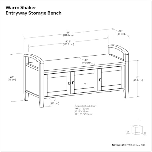 SIMPLIHOME Warm Shaker 44" Wide Solid Wood Storage Bench in Brown