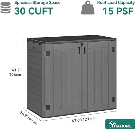 YITAHOME Outdoor Storage Shed w/o Shelf, 30 cu ft Horizontal Storage Shed Outdoor, Resin Waterproof Storage Cabinet for Garage, Poolside, Bikes, and Garden (Dark Gray + Black)