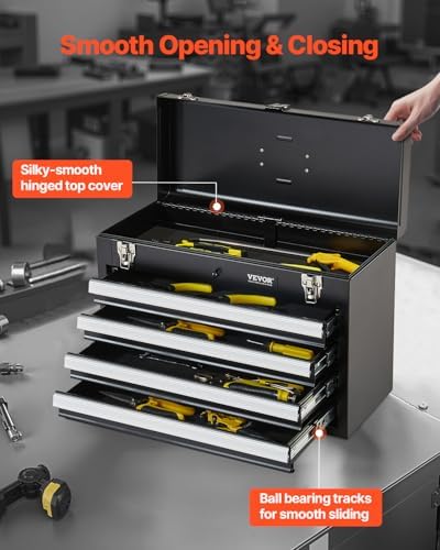 VEVOR Metal Tool Box, 20.5-inch, Portable Metal Tool Box with 4 Drawers, Small Tool Chest with EVA Liners, Ball Bearing Slide Drawers Locking & Powder Coated Finish, Multi-Function Tool Organizer