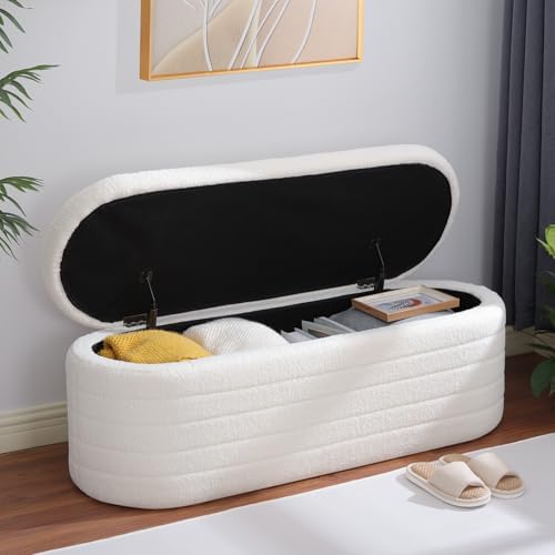 Ottoman with Storage 45.5" Sherpa Storage Ottoman White