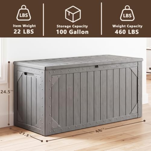 100 Gallon Outdoor Storage Box, Waterproof Large Resin Deck Box Lockable, Outside Storage Bin for Backyard Porch Patio Furniture Garden Tools, Grey