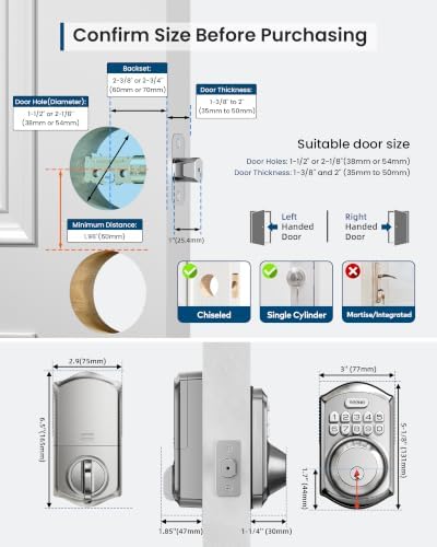 TEEHO TE011W WiFi Keypad Deadbolt, Smart Locks for Front Door, Satin Nickel