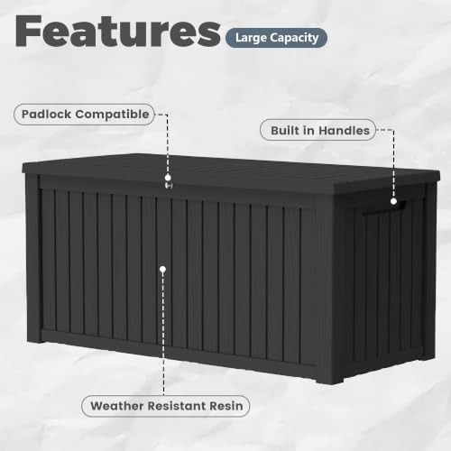 300 Gallon Resin Deck Box Waterproof Outdoor Storage Box for Patio Furniture Pool Accessories Indoor Storage for Cushion Garden Tools, Black