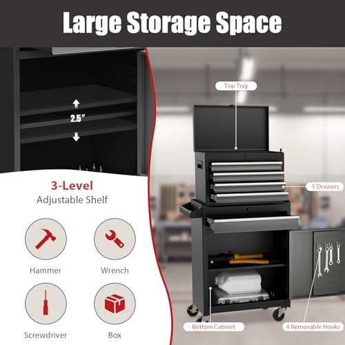 Rolling Tool Chest, 5-Drawer Tool Storage Cabinet with Wheels, Adjustable Shelf & Anti-Slip Liner, Tool Box Organizer for Garage, Warehouse & Workshop (Gray+Black)