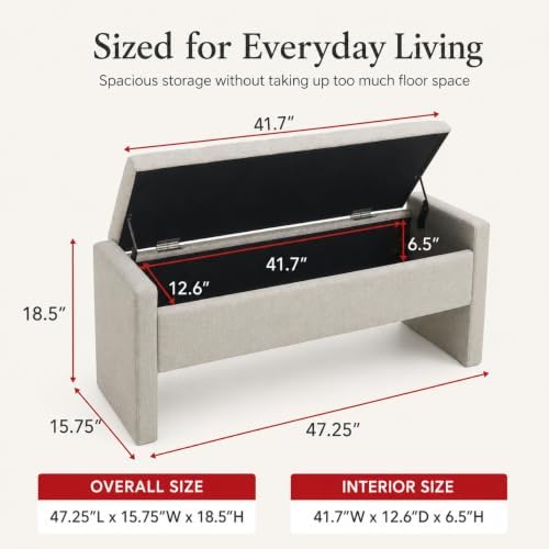47.25 Inch Storage Ottoman Bench, Linen Upholstered, Light Grey