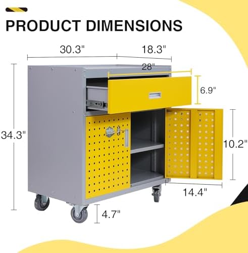 Metal Storage Cabinet with Wheels 30" x 18" x 34" Mobile Metal Garage Cabinet with 1 Drawer & 2 Doors Small Rolling Tool Storage Cabinet with 1 Adjustable Shelf & 4 Hanging Hooks, Yellow & Gray