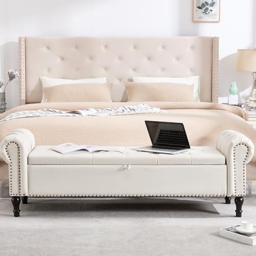 67 Inch Storage Bench for Bedroom, King Size End of Bed Bench, Upholstered Bench with Rolled Arms, Linen Tufted Button Storage Ottoman Benches, Living Room, Entryway, Cream Beige