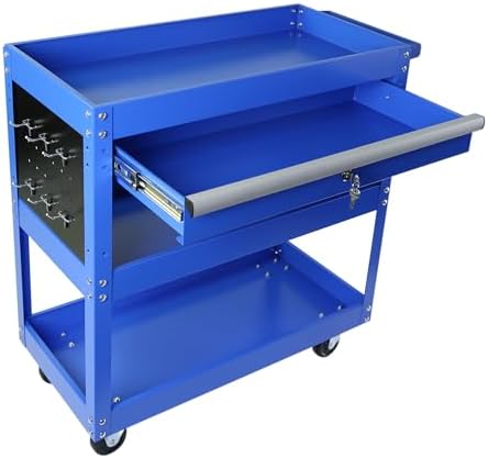 Tool Chest with Wheels, 3-Tier Rolling Tool Box with 1 Drawer & Hooks, Heavy Duty Utility Industrial Service Cart with Locking System Drawer for Garage, Warehouse & Repair Shop,Blue