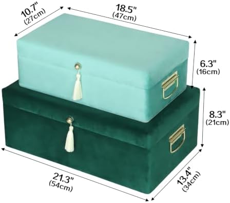 HofferRuffer Velvet Storage Trunks with Wood Frame, Set of 2 Storage Chests with Handles, Bedroom Organizer Nesting Upholstered Decorative Boxes Hinged Lid with Gold Hardware Accents (Green Velvet)