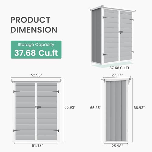 UDPATIO 51 Cu.ft Vertical Outdoor Storage Shed with Shelving Brackets,Grey