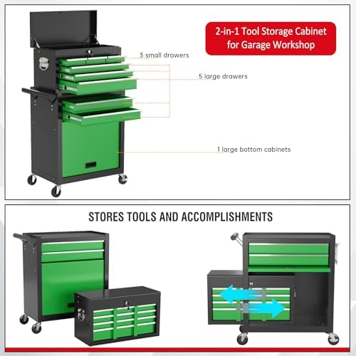 8 Drawers Rolling Tool Chest with Drawers, High Capacity Toolbox on Wheels, Lockable Drawers Tool Box Organization and Storage, Tool Cabinets on Wheels for Garage (BlackGreen, 8 Drawers)