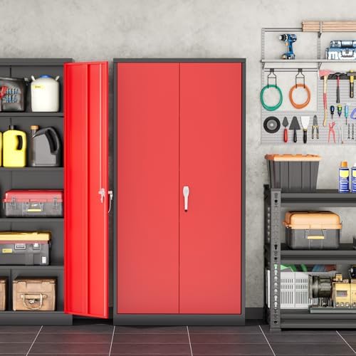 INTERGREAT Metal Garage Storage Cabinet with Lock, 72" Storage Cabinet with Locking Doors and 4 Adjustable Shelves, Lockable Steel Tool Cabinet for Home Office, School, Black Red