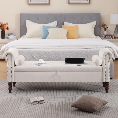 67" End of Bed Storage Bench King Size, Storage Bench for Bedroom, Velvet Bed Bench with Storage Upholstered Tufted Storage Ottoman Bench with Arms for Bedroom, Living Room, Entryway, Beige