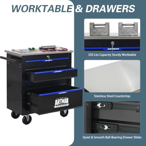 4-Drawer Rolling Tool Chest, Stainless Steel Countertop Mobile Tool Cabinet with Key Lock, 360° Swivel Wheels & Padded Feet, Portable Tool Storage Box for Home Garage Workshop, Black & Blue
