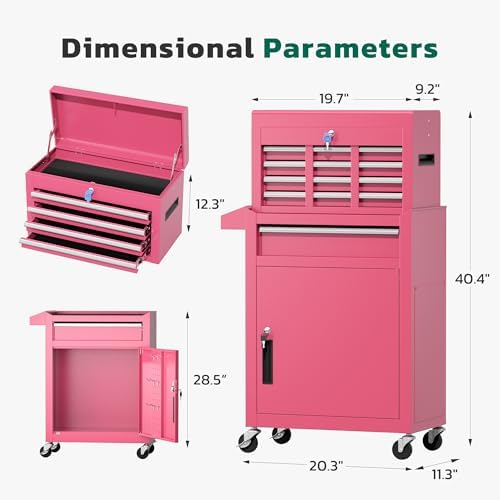 Greenvelly 5-Drawer Tool Chest with Wheels, Pre-Assembled Rolling Tool Chest, Detachable Top Tool Box, Lockable Design, Comes with Drawer Liners & Side Hooks for Garage Workshop Repair Room (Pink)
