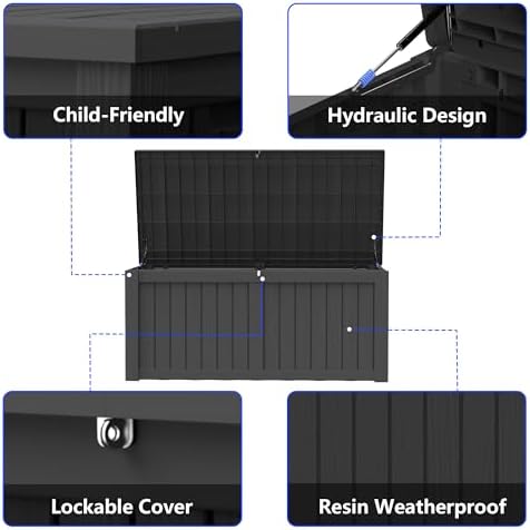 150 Gallon Outdoor Storage Box Resin Deck Box All Weather Waterproof Large Lockable Storage Container Deck Box for Patio Furniture, Garden Tools, Lockable, Black New