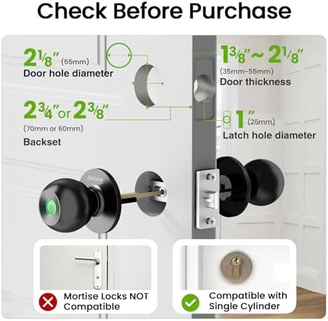 GHome Smart Fingerprint Door Lock, 3 in 1 Smart Fingerprint Door Knob with App Control & Key, Auto Lock, Biometric Thumbprint Door Locks for Bedroom, Garage, Home & Office