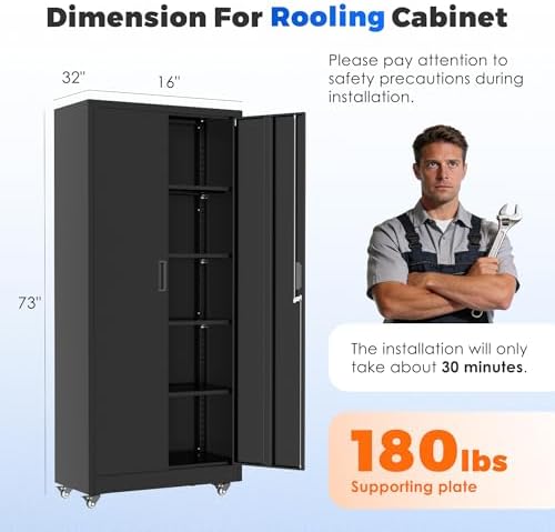 INTERGREAT Metal Storage Cabinet with Wheels, 72" Garage Storage Cabinets with Door and 4 Shelves, Tool Storage Locker on Caster for Home, Office, Black