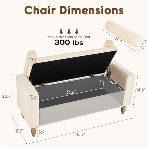 Storage Ottoman Bench, Upholstered End of Bed Bench Linen 45.7" Beige